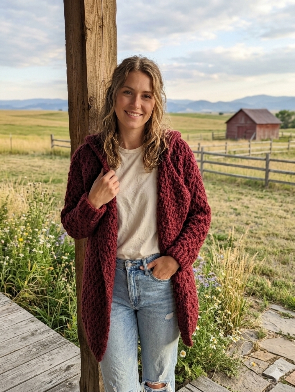 Cache C Cache Sweater Open Cardigan Medium‎ Burgandy Wool Farmhouse Cozy Country